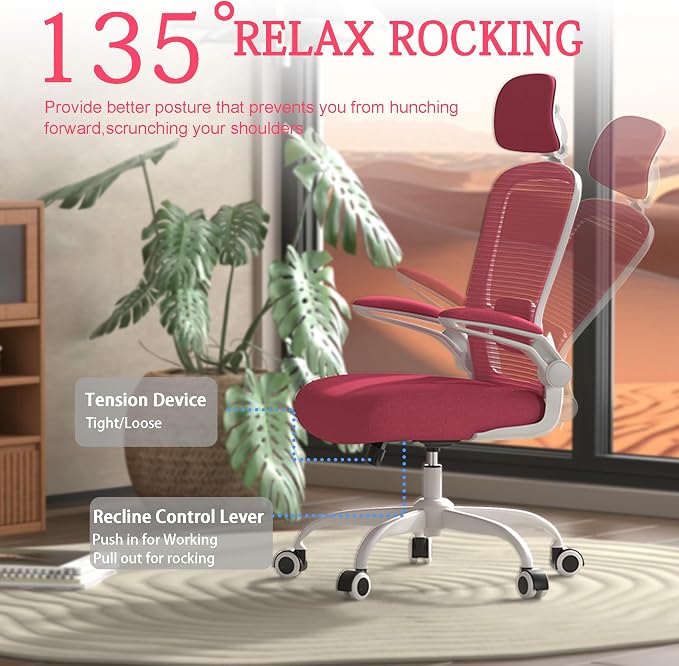 Mimoglad Office Chair, High Back Ergonomic Desk Chair with Adjustable Lumbar Support and Headrest, Swivel Task Chair with flip-up Armrests for Guitar Playing, 5 Years Warranty
