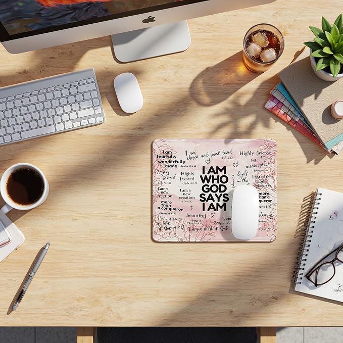 Inspirational Christian God Says I Am Mouse Pad, Pink Floral Bible Verse Affirmation Mouse Pads Mousepad for Home Office Dorm Computers Laptop Supplies Desk Accessories, 9.5x7.9 Inch