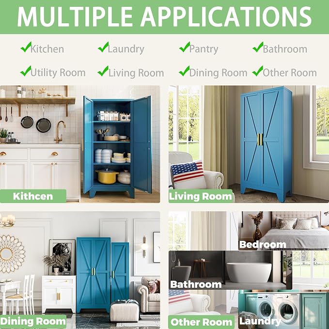 COFaR Home Farmhouse Storage Cabinet with 2 Barn Door, Tall Kitchen Pantry Cupboard with 3 Adjustable Shelves, for Dining Room, Bathroom, Living Room (Blue Green, 61" Farmhouse)