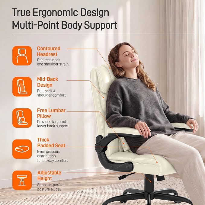 Office Chair, Executive Mid-Back Computer Desk Chair with Flip-up Armrests | 300 Lbs Ergonomic Leather Swivel PC Chair with Rock Function for Working Studying (Creamy White)