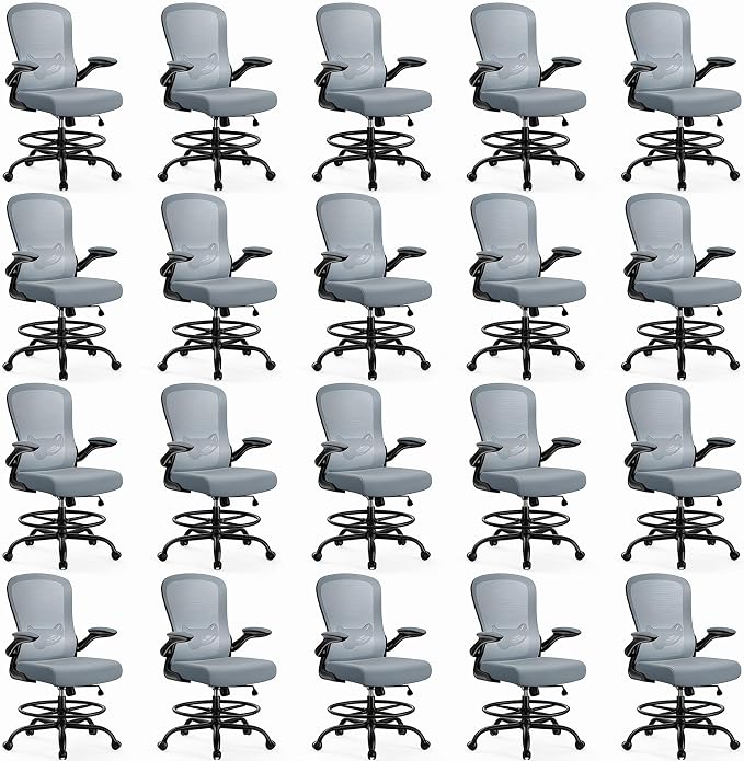 ErGear Drafting Chair,Tall Office Chair with Flip-Up Armrests, High Desk Chair Adjustable Height and Adjustable Footrest Ring, Ergonomic Standing Desk Chair with Lumbar Support, Blue,20 Pack