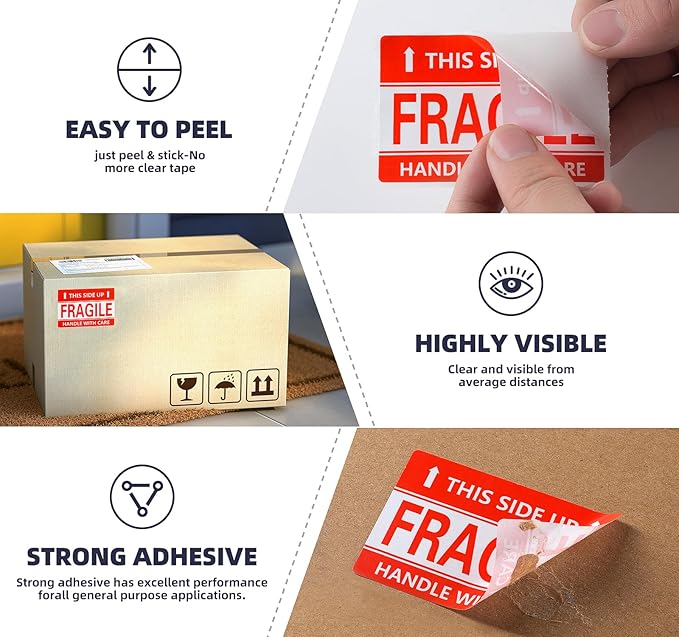 3 x 2 Inch Handle with Care This Side Up 300 Permanent Adhesive Fragile Stickers for Shipping Moving Glass Labels (1 Roll, 300 Labels)