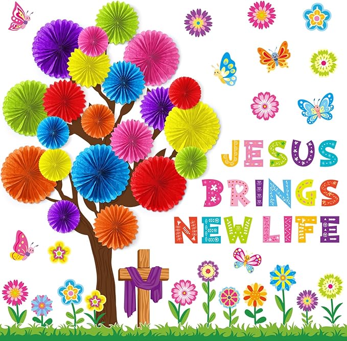 76 Pcs Christian Spring Classroom Bulletin Board Set 3D DIY Paper Fans Flower Tree Bulletin Board Jesus Brings New Life Cutouts Religious Cross Wall Decor for Spring Easter VBS Sunday School
