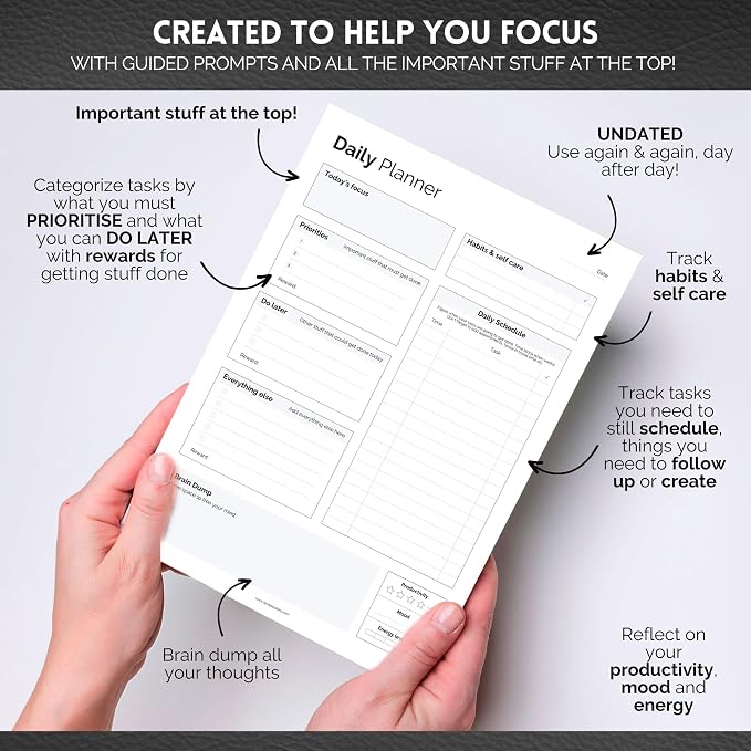 ADHD Daily Planner Notepad for Neurodivergent Adults - Productivity Daily Planner Desk Pad & Task Management to Stay Organized and Focused Note Pad (Mono, A4 Portrait)