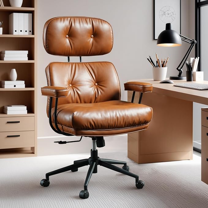 ovios Home Office Chair with Thick Cushion, Mid-Century Modern Faux Leather Ergonomic Chairs, High Back Swivel Rolling Computer Executive Armchair (Brown, PU Leather)