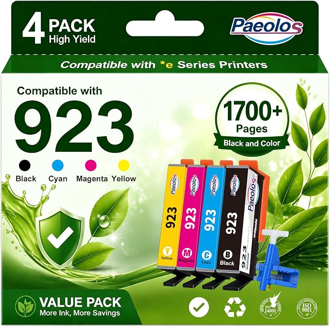 Paeolos 923 Ink Cartridges Replaced for HP 923 Ink Cartridges Combo Pack | Easy Use Work for HP OfficeJet Pro 8130e 8125e 8120e 8138e 8135e 8139e Printers No Chip Black Cyan Magenta Yellow 4 Pack Home
