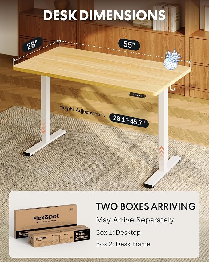 FLEXISPOT EN1 One-Piece Standing Desk with 1-Inch Thick Seamless Desktop, 55"x28" Electric Height Adjustable Desk for Home Office, Multi-Monitor Setups & Easy Assembly, Maple