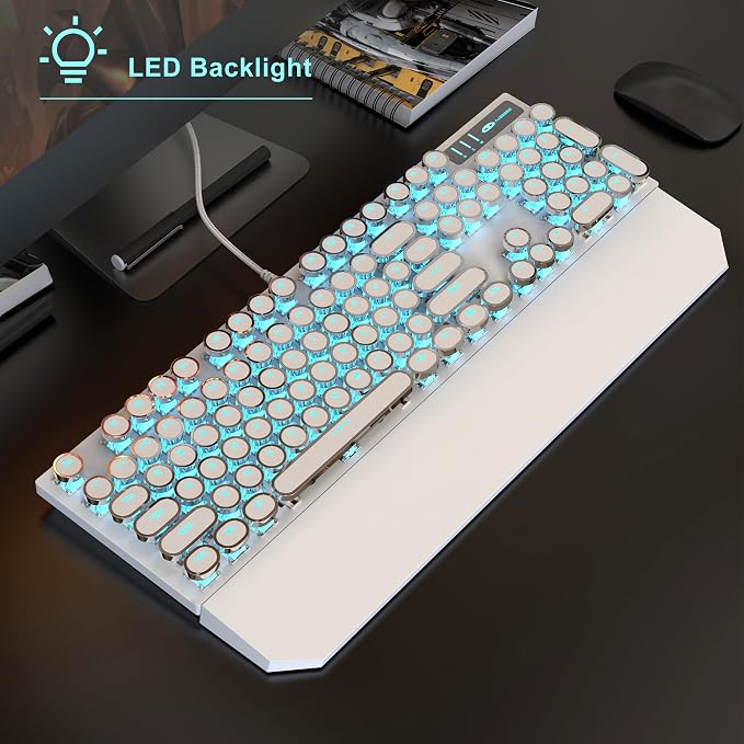 MageGee Typewriter Mechanical Gaming Keyboard, Retro Punk White Round Keycaps, 104 Keys LED Blue Backlit Wired Keyboards for Laptop MAC PC Gamer, with Magnetic Wrist Rest, Blue Switch