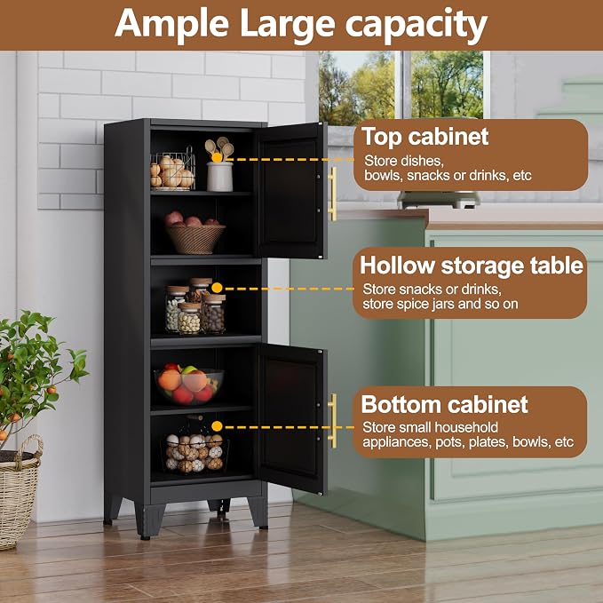 Metal Tall Narrow Bathroom Storage Cabinet, Freestanding Floor Cabinet with 2 Doors and Adjustable Shelves, Pantry Storage Cabinets for Bathroom, Living Room, Entryway and Kitchen (Black)