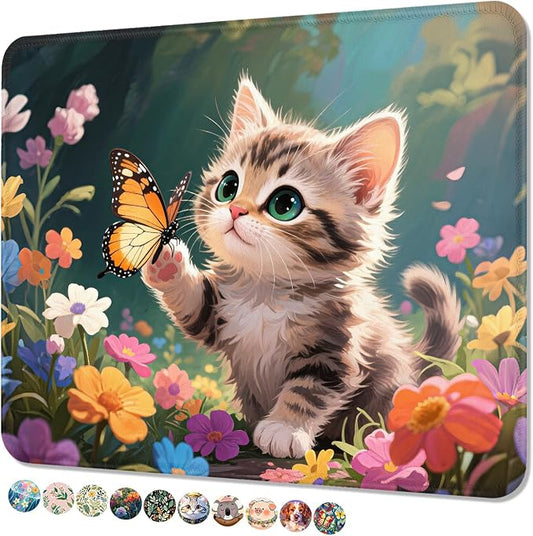 Mouse Pad, Cute Mouse Mat, 10" x 8", Colorful Flower Cat | Square Waterproof Gaming Computer Mat, Textured Top, Stitched Edges, Non-Slip Rubber Base for Office Home Laptop Keyboard