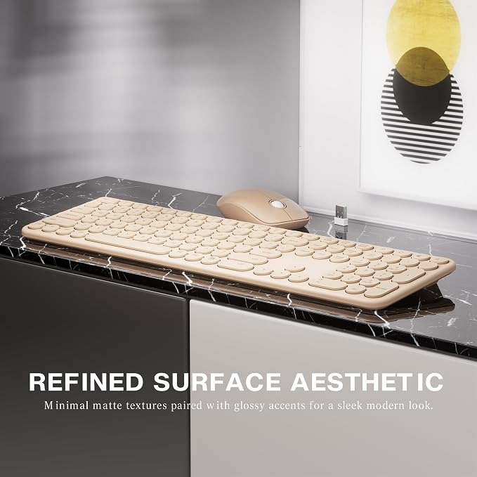 MPTOG Wireless Keyboard and Mouse Combo (Milk-Tea) | Retro Round Typewriter Keys, 2.4G Silent Connection, Ergonomic Aesthetic Desk Set for Home Office, Laptop, PC, Mac