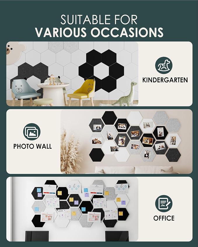 MaxGear Hexagon Bulletin Board, 8Pcs Wall Panels Office Decor Gradual Grey | Large Cork Boards For Walls Alternative, Hexagon Felt Wall Tiles Vision Board Pictrure Room Wall Decor With Push Pins