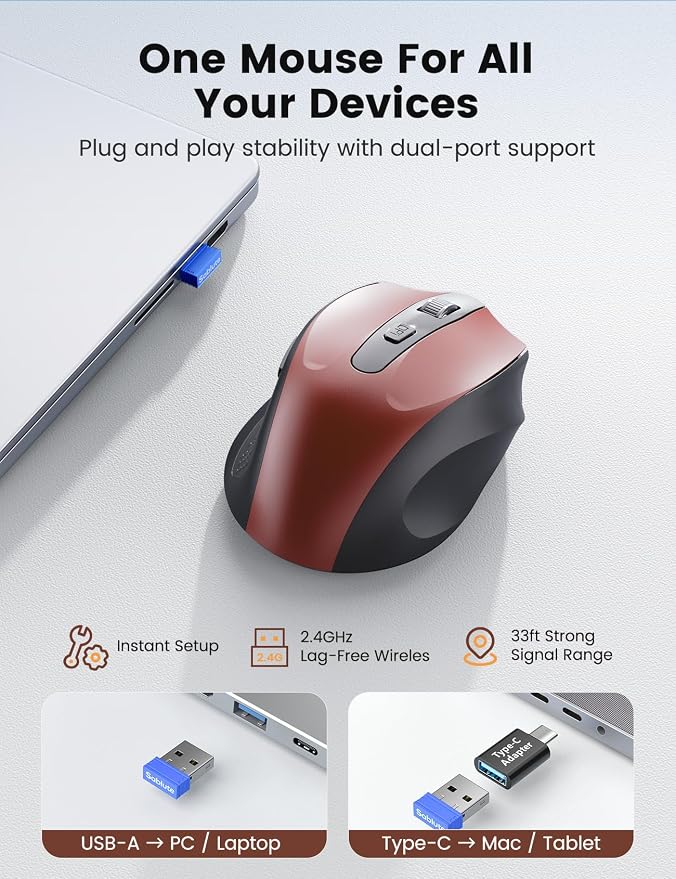 SABLUTE Wireless Mouse for Laptop, Red Computer Mouse with USB-A&USB-C Receiver, Office Cordless Mice with 6 Buttons & 3 Level DPI for Small to Medium Hands, Works with PC, Desktop & Tablet M21