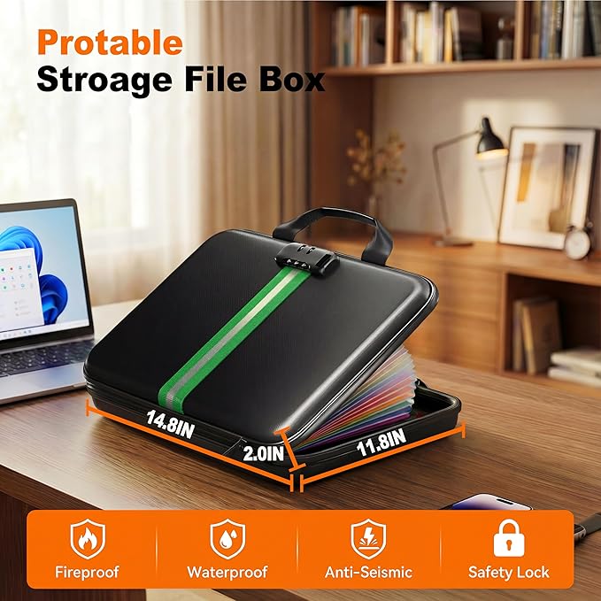Fireproof Accordion File Organizer with Lock,Hard-Shell Fireproof Document Box with 13 Pockets for Certificates, Passports Laptop Important Documents Portable Home Office Travel Safe Storage