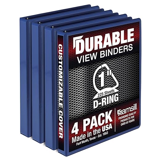 Samsill Durable 1 inch 3 Ring Binder, D Ring Binder, 100% Recycled Chipboard, Blue, 4 Pack