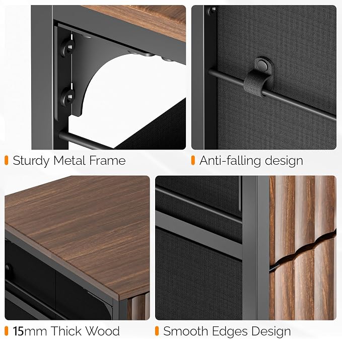 VINGLI 3 Drawer Fluted File Cabinet, Rolling File Cabinet Mobile Under Desk File Cabinet with Wheels, Fabric Drawers Printer Stand for Home Office, Fits Letter Size, Walnut