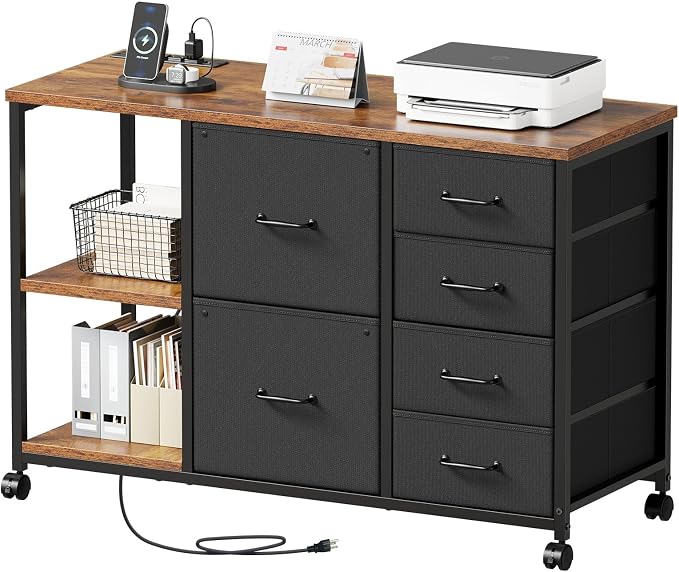 6 Drawer File Cabinet with Charging Station and Open Storage Shelf | Rustic Brown, Rolling Printer Stand Fabric Lateral Filing Cabinet for Home Office