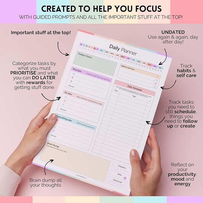 ADHD Daily Planner Notepad for Neurodivergent Adults - Productivity Daily Planner Desk Pad & Task Management to Stay Organized and Focused Note Pad (Rainbow, A4 Portrait)