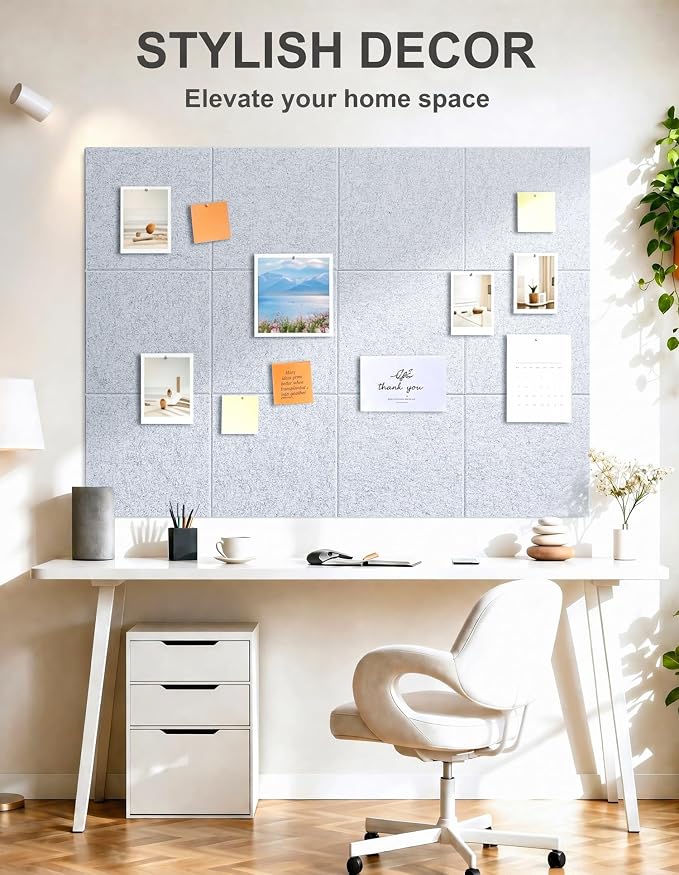 Felt Wall Tiles Bulletin Board Large Cork Board Alternative 12 Pack 11.81”x11.81”x0.47” Felt Pin Board Tack Board with Safe Removable Adhesive Tabs for Home Office School 48x36(Silver Grey)