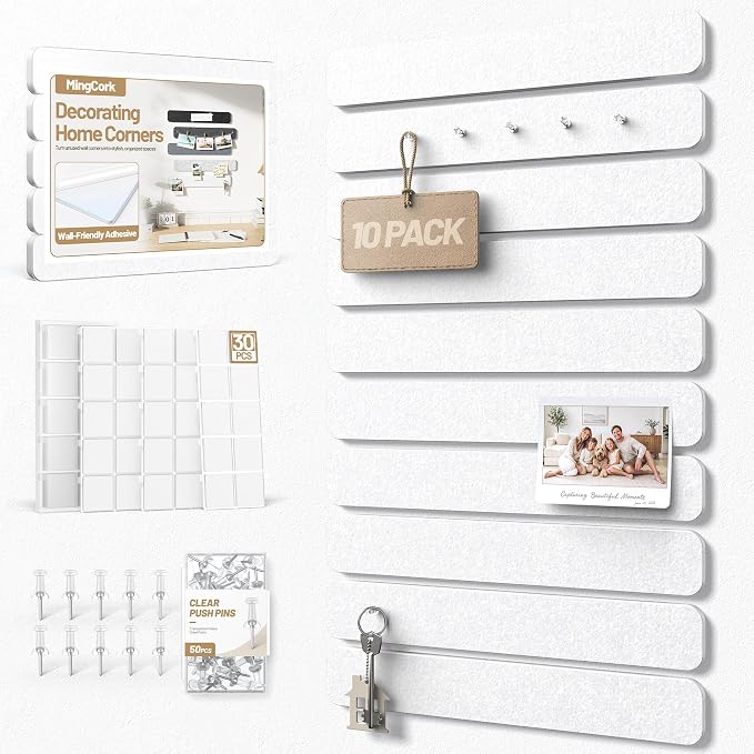 10 Pack 13"x2" Cork Board Strip with Removable Adhesive Squares & Push Pins | Pin Board Alternative Felt Strip Bulletin Board, Felt Board for Photo & Note Display, Home Office Decor - White