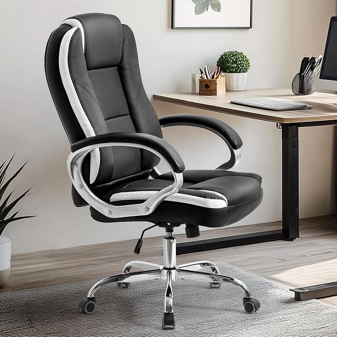 NEO CHAIR Office Desk Chair PU Leather Chair with Lumbar Support, Black | Ergonomic High Back Executive Computer Chair, Comfortable Padded Fixed Armrests Swivel Chair with Wheels for Office/Home