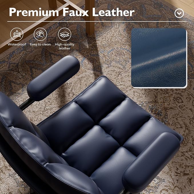 Mid Century Modern Desk Chair, Vintage Leather Office Chair, Blue | Petite Computer Chair for Small to Medium Women, Thickened Back, Cozy Seat, Adjustable Height for Home