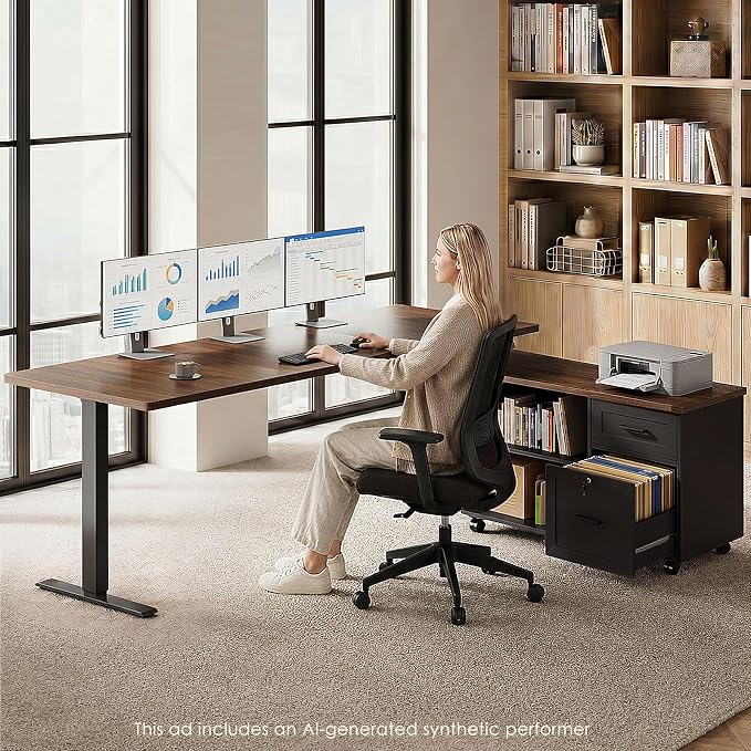 63" L Shaped Electric Standing Desk with Cabinet Sets, Walnut/Black | Mobile Drawers & File Cabinet Sets for Flexible Layout, Height Adjustable Executive Stand Up Desk for Home Office Workstation