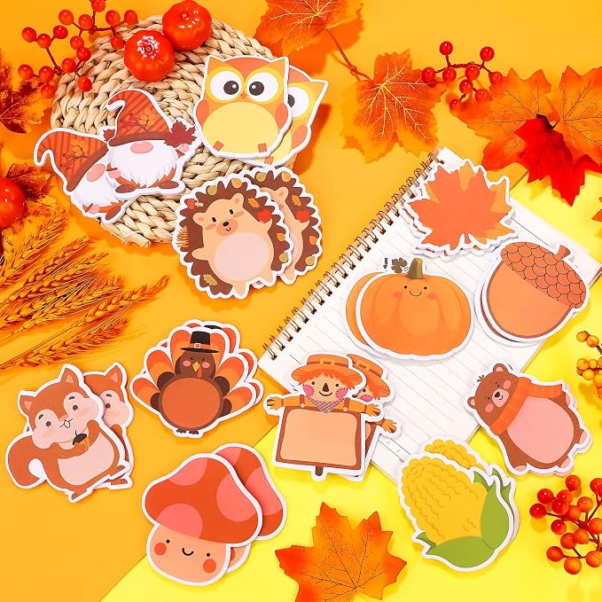 24 Pads 480 Sheets Thanksgiving Cute Sticky Notes, Kawaii Fun Animal Sticky Notes Mini Cartoon Notes Pads Bulk Memo Self Adhesive for Home Office School Party Supplies