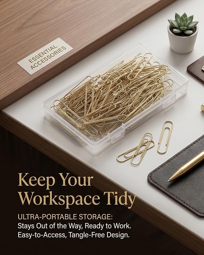 80 Count Gold Paper Clips, 2 Inch Large Smooth Metal Office Clips | Rust-resistant gold metal clips with a smooth, snag-free finish. Ideal for office document organizing, wedding crafts & DIY