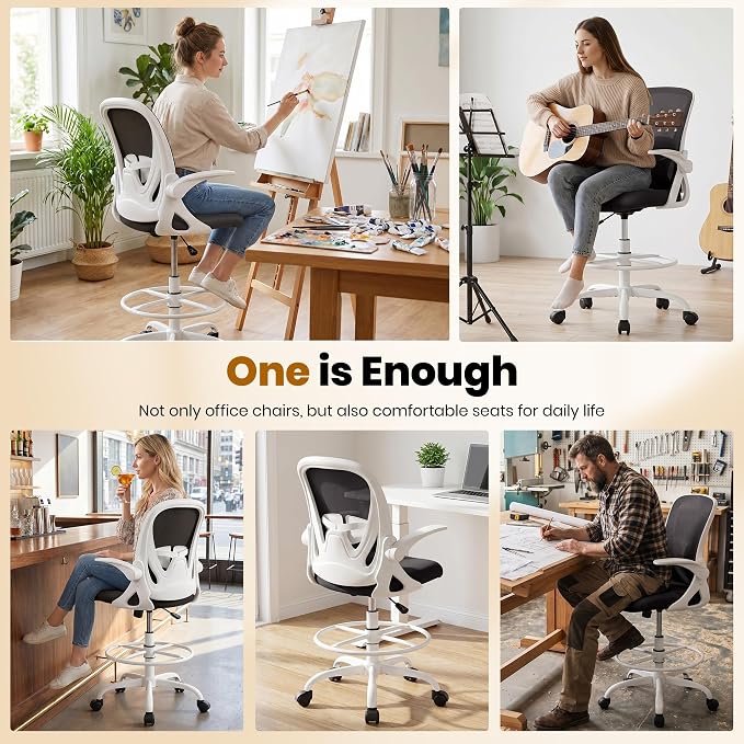 Ergonomic Drafting Chair with Flip-up Armrests Tall Office Chair for Standing Desk Comfortable Desk Chair with Adjustable Footrest Ring and Lumbar Support in Gray Perfect for Home (White)