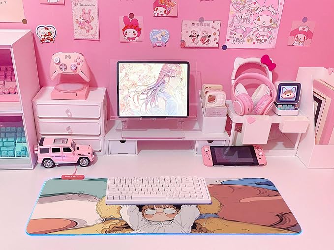 JMIYAV Pink RGB Gaming Mouse Pad 31.5x12 Inch PC XL Large Extended Glowing Led Light Up Desk Pad Non-Slip Rubber Base Computer Cute Mousepad Mat Desk Accessories Gaming Setup Cozy Hideout