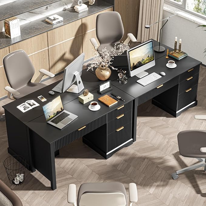 Vabches Fluted Executive Desk with Drawers, Wood Computer Desk with Ample File Drawer, Home Office Desk with Storage for Study, Bedroom, Living Room, Black