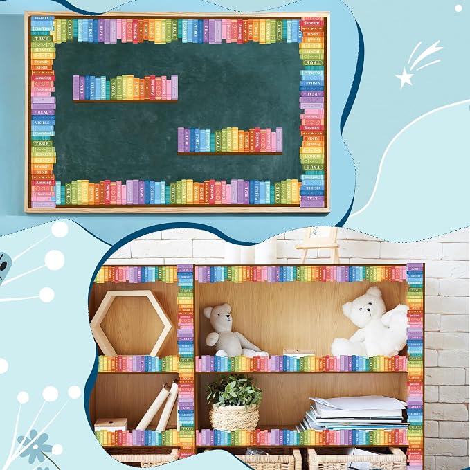 BeYumi Inspirational Bookshelf Border Trim - 65ft Back to School Colorful Books Motivational Words Rolled Border Trim Bookshelf Bulletin Board Library Classroom Office Chalkboard Wall Party Decoration