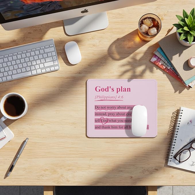 Pink Christian Mouse Pad, Philippians 4:6 God's Plan Bible Verse Mouse Pads Mousepad for Desk Home Office Dorm Computers Laptop, Religious Office Supplies Desk Accessories, 9.5x7.9 Inch