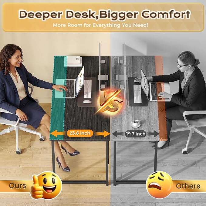 40 X 24 Inch Deeper Desk with Power Outlets | Small Computer Desk for Bedroom, Office Desk for Work from Home, Writing Study Gaming Table, Stable Metal Frame, Black