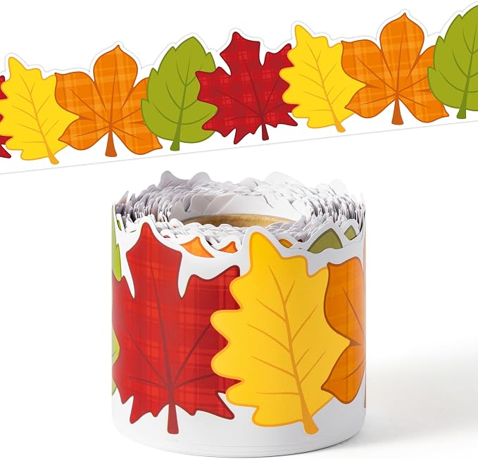 BeYumi Fall Leaves Border Trim - 65ft Plaid Maple Leaves Classroom Decor | Thanksgiving Autumn Harvest Rolled Bulletin Board Border Set Office School Chalkboard Kindergarten Classroom Wall Party Decor