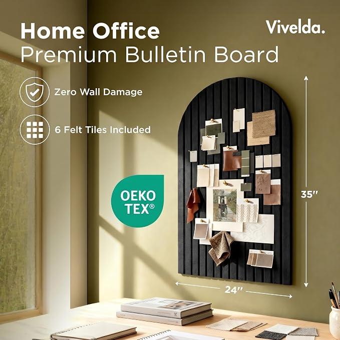 Large Felt Bulletin Board Arched 35" x 24" - Cork Board Alternative for Wall, 6 Felt Tiles with 32 Adhesive Tabs, Stylish Pin Board for Home Office, Bedroom & Classroom (Black)