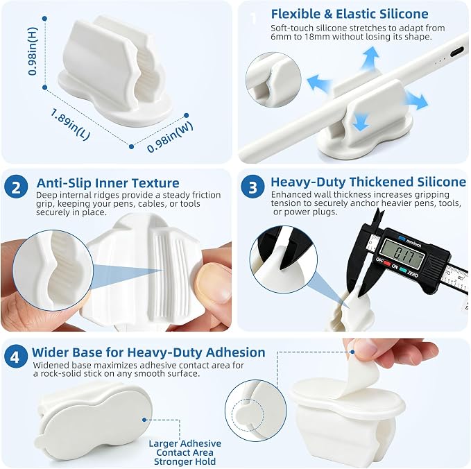 Biottro 12PCS Adhesive Pen Holder Pencil Holder for Desk Wall Clipboard Car Silicone Pens Markers Pencils Organizer Teacher Supplies Office Supplies (12PCS White)
