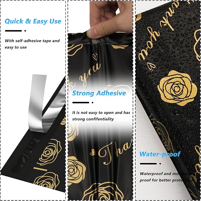 Thank You Poly Mailer 10x13 Inch 100 Pcs, Waterproof and Tear-Resistant Shipping Bags for Clothing, Strong Mailing Bags with Self-Seal, Gold Rose Printed Packaging Bags for Small Business