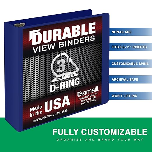 Samsill Durable 3 Inch Binder, D Ring Binder, Customizable Clear View Cover, Dark Blue, Holds 625 Pages