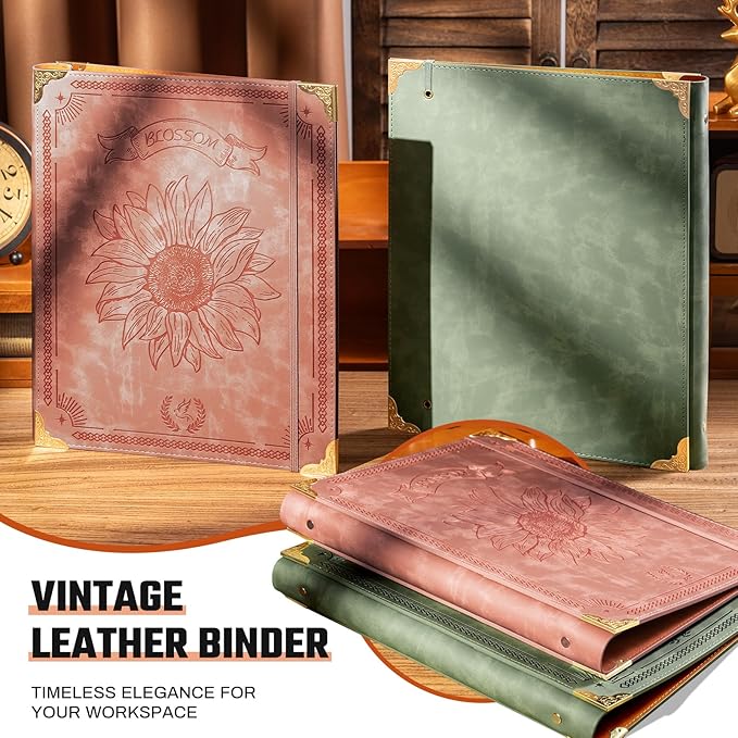 Sunflower PU Leather 3 Ring Binder 1 Inch Round Ring Binder Holds 200 Sheets 8.5"x11" Letter Size Paper, Wedding Family History Notebook Cover Loose Leaf Organizer, Pink