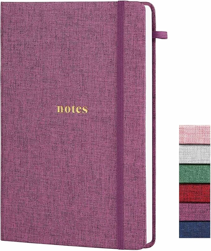 A5 Lined Journal Notebook, Fabric Hardcover | 100GSM Paper 160 Pages, 5.7"x8.39" College Ruled Journaling, with Elastic Band & Pen Loop, for Work, School (Purplish-red)