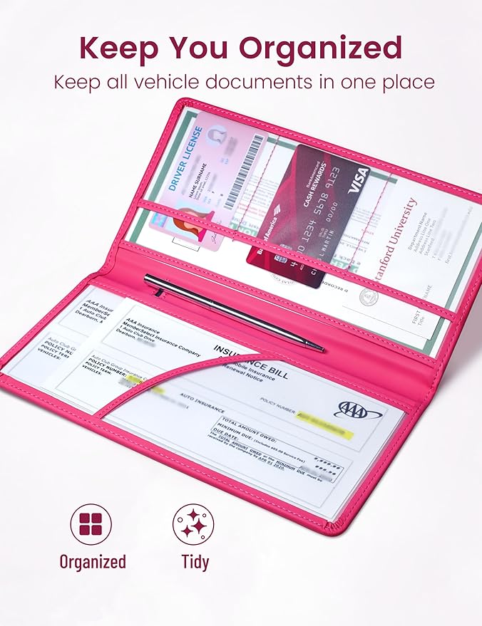 Yarnic Car Registration and Insurance Holder, Car Document Holder with Magnetic Closure, Registration and Insurance Card Holder Car Organizer Glove Box Compartment Organizer for Men Women (Hot Pink)