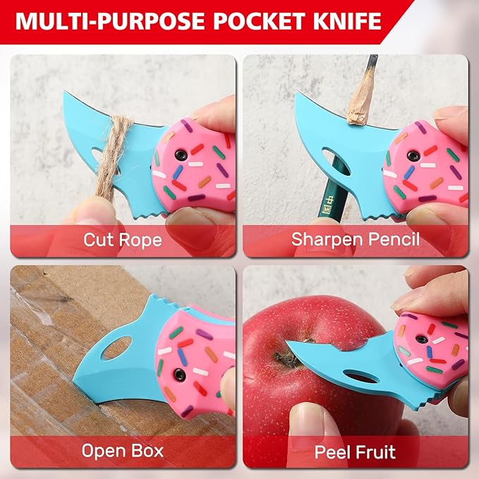VIRENKNIFE Pink Pocket Knife for Women Men,Cool Folding Knife Box Cutter，Mini EDC Knives for Everyday Carry,Folding Utility Knife with Unique Donut Design,Ideal Gifts for Men and Women
