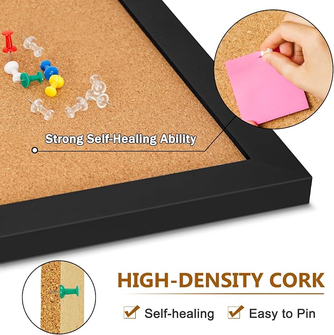 DOLLAR BOSS Cork Board for Wall 24"x18", Black Wood Framed Bulletin Board | Picture Display Pin Board, Decorative Hanging Vision Board, For Office Home School, 10 Pushpins