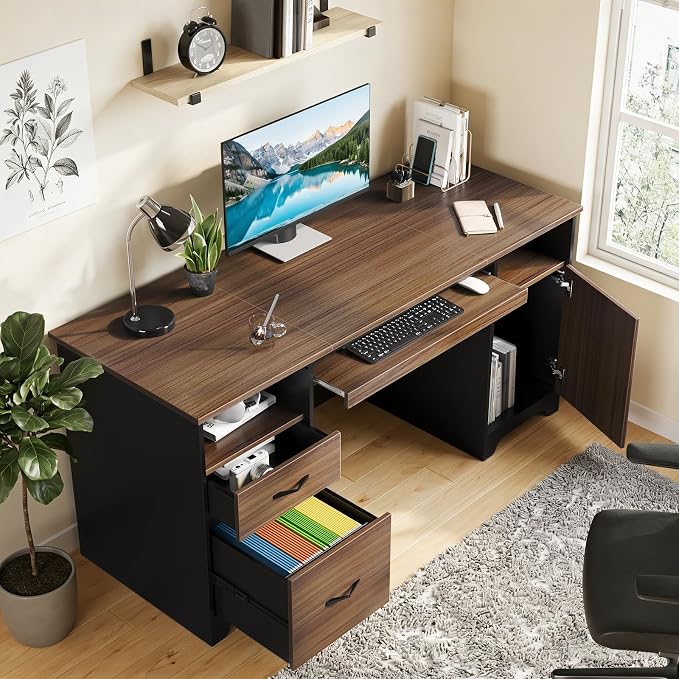 Bestier 59" Office Desk with File Drawer, Keyboard Tray & 2 Drawers, Cherry | File Drawer For Letter/A4/Legal Folders, 2 Storage Drawers, Keyboard Tray, Cable Management, 200 LBS Capacity, Cherry Finish