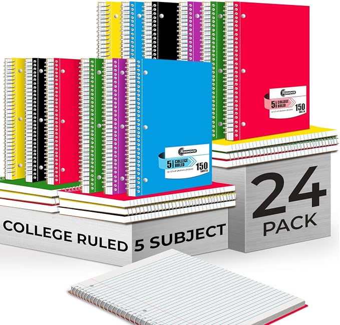 24 Pack, 5 Subject Bulk Spiral Notebook, College Ruled, 150 Sheets | Back to School Notebook Journal, 8 x 10-1/2, 300 Pages, School & Office Spiral Notebooks, Soft Cover, Assorted Colors