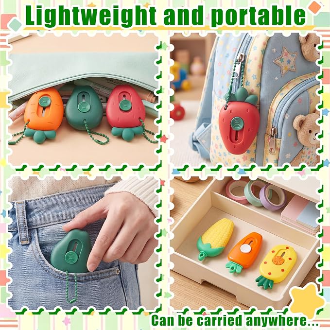Maitys 6 Pcs Cute Fruit Vegetable Shaped Retractable Box Cutter, Mini Portable Utility Knife for School Office Package Opening Stationery Gift (Avocado, Strawberry, Radish, Corn, Carrot, Pineapple)