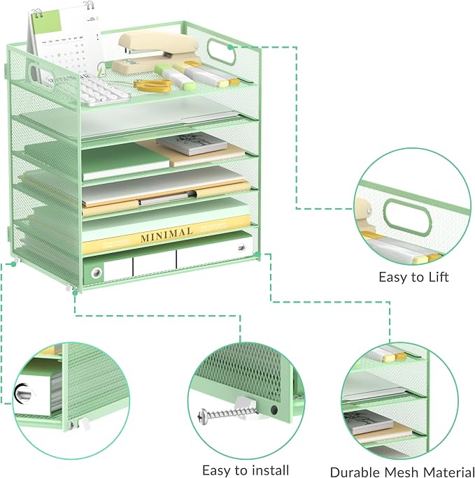 Daltack 6-Tier Paper Organizer for Desk with Handle, Green, 2 Pack | Sturdy Metal Mesh Organizer with Movable Middle Trays and a Carry Handle for Papers, Folders and Office Supplies