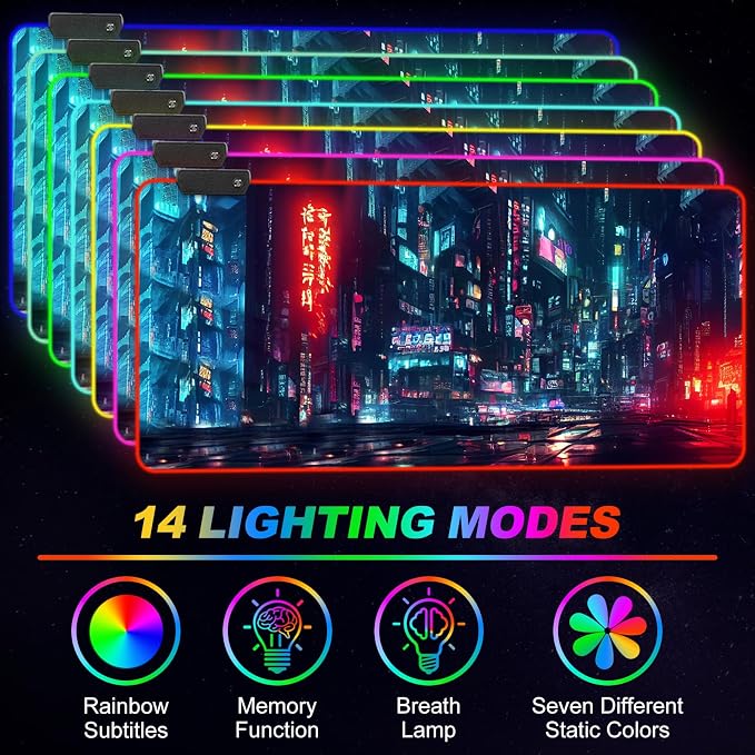 RGB Gaming Mouse Pad Large, Extended Soft Led Mouse Pad with 14 Lighting Modes 2 Brightness, Water Resist Keyboard Pad, Computer Mousepads Mat 35.4x15.7inch, Night City